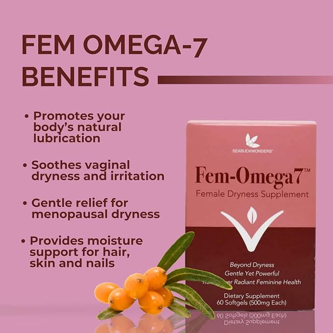 SeabuckWonders Fem-Omega7 Vaginal Moisture Support Softgels, 60 Count, 30 Day Supply, Organic Sea Buckthorn Oil Vaginal Moisturizer, Supports Female Dryness, Feminine Care