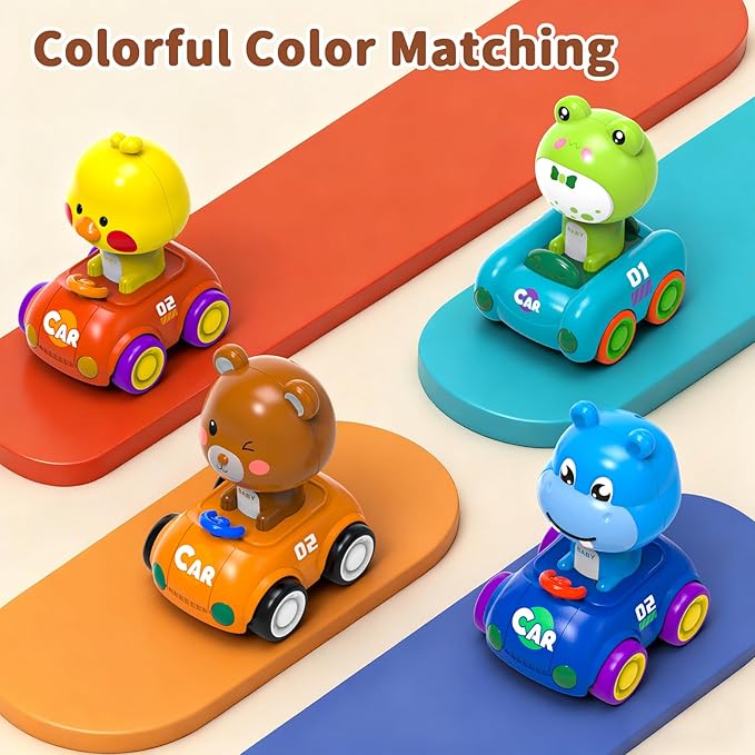 Press to Go Car Toddlers Toys for 1-3, Push Go Animal Racing Car Set 4 Pack, Baby Infant Playing Vehicle Toys 6-12-18 Months, Birthday Gifts for 1-2 3-4 Years Old Boys Girls