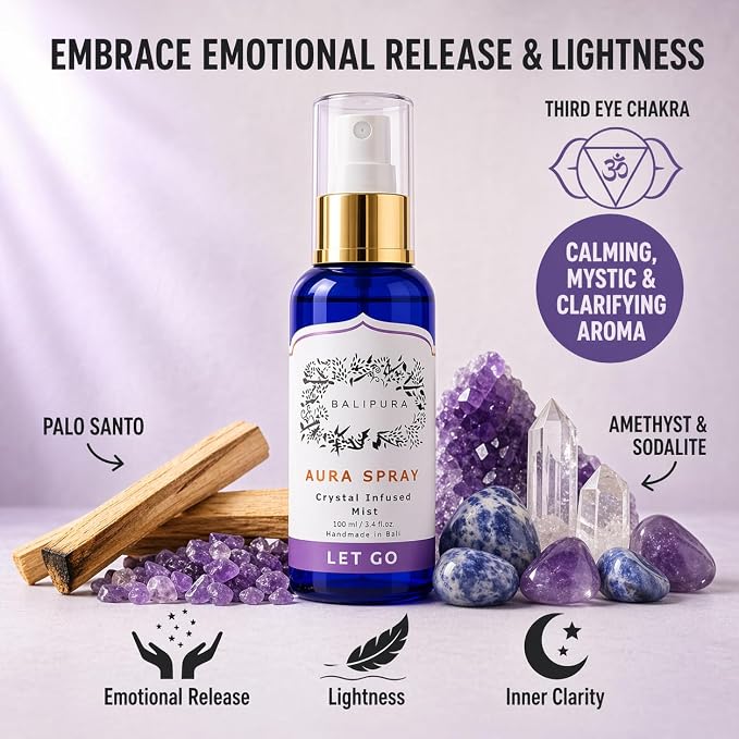 Let Go Aura Crystal Spray with Amethyst Sodalite Clear Quartz Palo Santo Crystals Pure Organic Cinnamon Grapefruit Handmade in Bali - 3.4 fl.oz