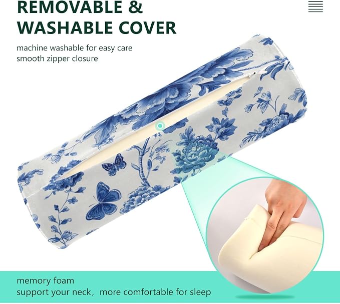 Blue and White Peony Flowers Butterfly Neck Roll Pillow Bolster Round Health Memory Foam Long Cervical Cylinder Pillows with Removable Washable Cover for Body Bed Legs Back Yoga
