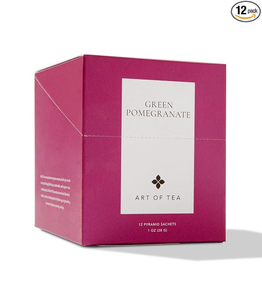 Art of Tea Green Pomegranate 12 Count Green Tea Bags, Premium Organic Green Tea with Pomegranate Flavor, Antioxidant Rich Fruity Green Tea Sachets, Gourmet Pyramid Tea Bags