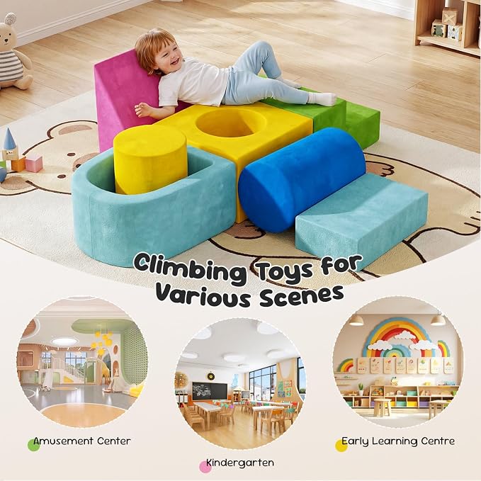 Teckid Toddler Climbing Toys, 7-Piece Colorful Foam Blocks, Indoor Soft Play Gym for Crawling, Climbing and Sliding, Modular Play Set Ages 1-3, No Ball Included