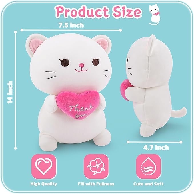 Achwishap Cat Stuffed Animal-Thank You Cat Plush,14” Cats Plush Toys Birthday Gifts for Kids,Cute Plushies Soft Kitten Plushies Kawaii Stuffed Huggging Pillow,Gratitude Animal Pillow for Adults,White