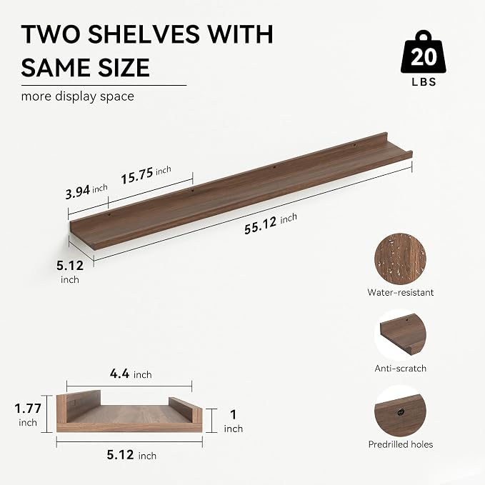 Boswillon Floating Shelves Set of 2, Long Wall Shelf with Lip, 56in, Walnut | Display Ledge Shelf for Room Wall, Wall Decor Shelves for Bathroom, Living Room, Bedroom, Kitchen, Nursery Room, Rustic, Wood