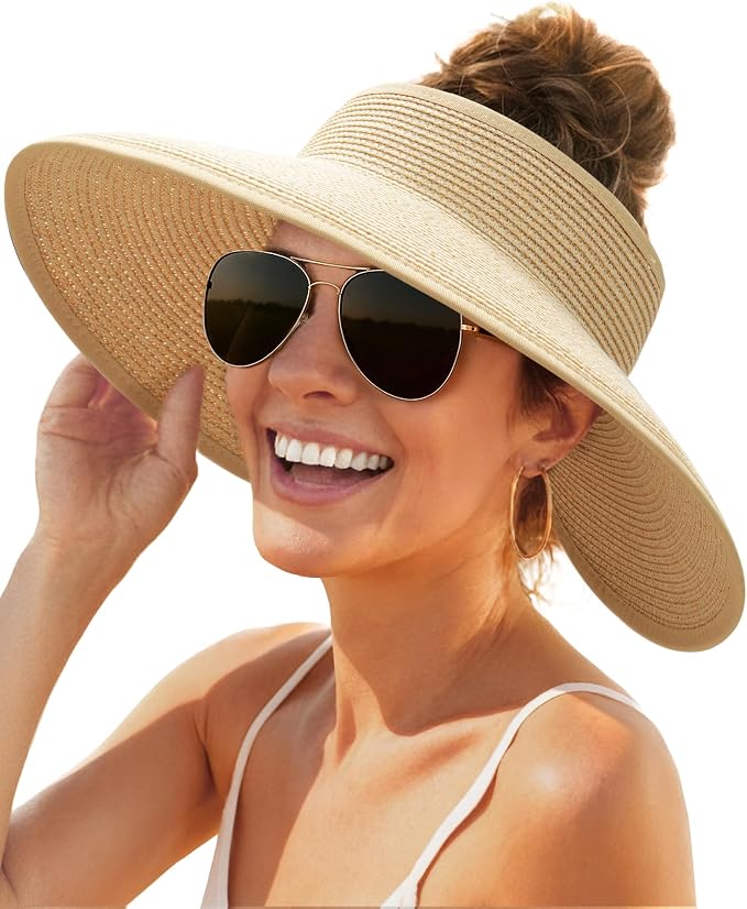 FURTALK Womens Sun Hat with Ponytail Hole Wide Brim Beach Straw Visor | Foldable & Packable for Beach Vacations, Adjustable Fit for Messy Buns, Detachable Windproof Strap, Sweat-Wicking Inner Band