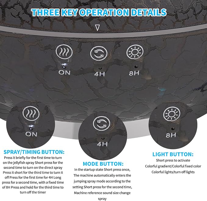 KCKJ Jellyfish Essential Oil Diffuser Sound-Activated Spray Dancing Jellyfish,250ml Aroma Air Diffuser, 3 Mist Modes & 7 Color Lights, Volcanic Lava Design for Home Bedroom(Black Crack)