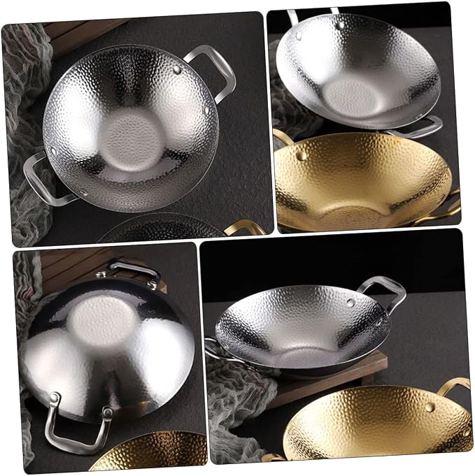 PRETYZOOM Double Handle Hammered Wok Pot Stainless Steel Cooking Pan for Korean BBQ and Home Use Small Metal Kitchen Pot with Sturdy Construction