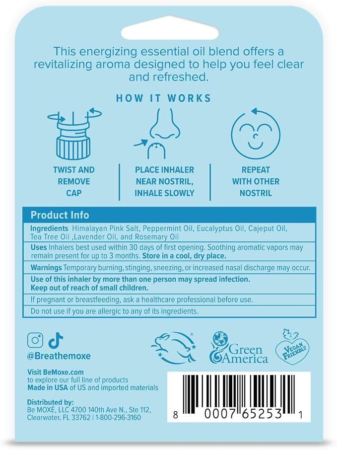 MOXE Breathe | Himalayan Salt Inhaler | Help Clear Congestion, Boost Focus and Improve Breathing | Natural Aromatherapy | Peppermint, Lavender and Tee Tree Essential Oil (3 Pack)