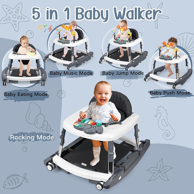 5-in-1 Music and Lights Foldable Baby Walker, Baby Walker with Wheels and Bouncer Combo Portable with 5 Adjustable Heights, Infant Toddler Walker for Baby Boy Girls 6-18 Months（Grey）