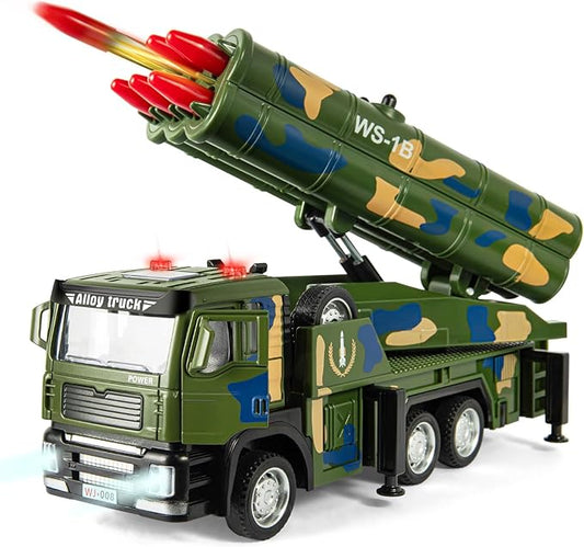 Army Truck Toy with 6 Missiles, Pull Back Military Truck Playset with Light & Sound, Simulated Combat Vehicle Model Toy Gift for Boys Ages 3-6 Years