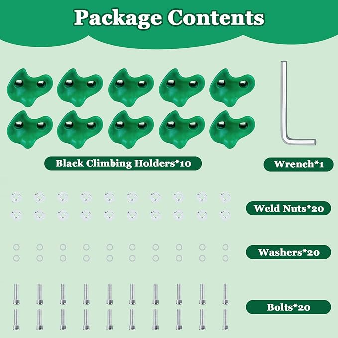 10PCS Green Rock Climbing Holds, Rock Climbing Wall for Kids, Extra Large Size Climbing Rock Wall Grips with Mounting Hardware and Wrench for Indoor Outdoor Playground, Installed on Wooden Board