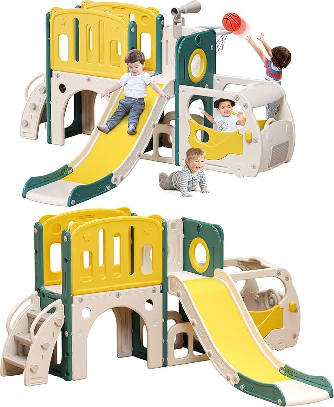 Toddler Slide Kids Slide Playset for Babies Bus Themed Toddler Playground with Climber Baskteball Hoop Indoor Playground Outdoor