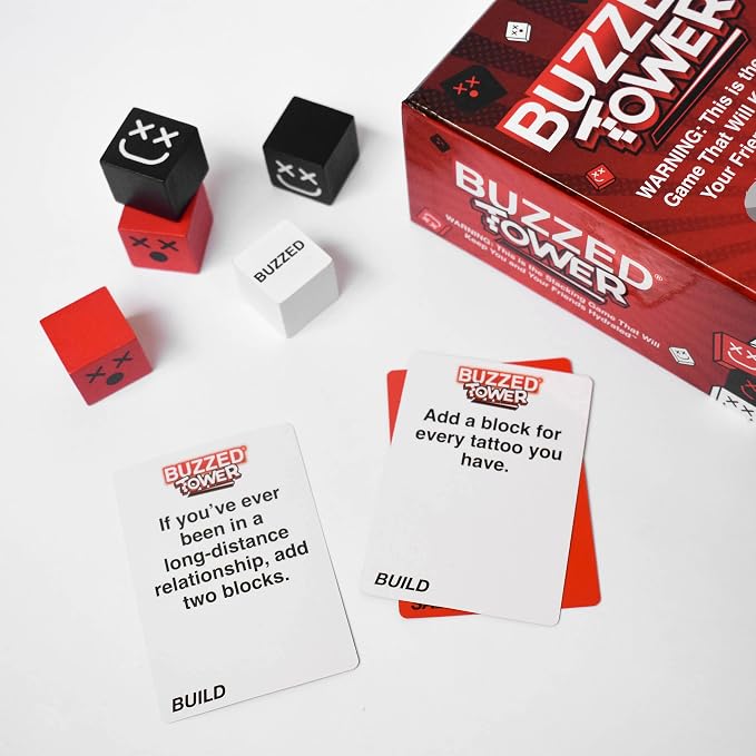 WHAT DO YOU MEME? Buzzed Tower: The Stack-and-Sip Drinking Card Game for Adults – Includes 30 Blocks, 80 Cards, and Big Laughs for Parties, Game Night, and Epic Bachelor Party Celebrations