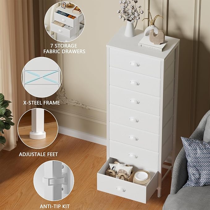 White Tall Dresser for Bedroom, Chest of Drawer with Fabric Drawer | Tall Skinny Dresser with 7 Drawers, Metal Frame, Wooden Top, Dorm Vertical Closet, Bedside Furniture in Living Room