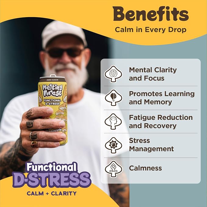 Melting Forest Functional Mushroom D-Stress - Adaptogen Drink with L-Theanine, Reishi, Lion's Mane & Magnesium - Relaxation Drinks for Stress Relief - 0 Sugar, 5 Calories - Coconut Pineapple (12-Pack)
