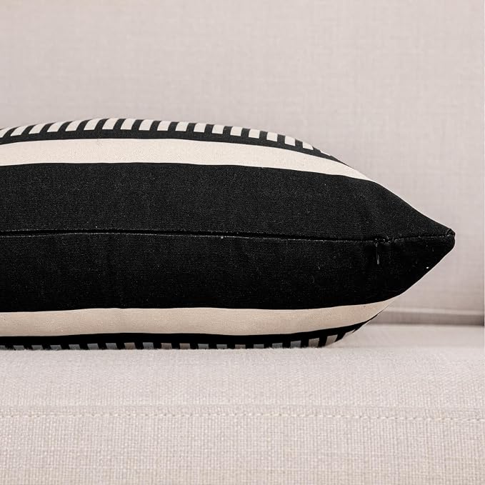 Farmhouse Stripe Pillow Cover 20x20 Boho Accent Cushion Case Faux Leather Decorative Pillowcase,Black and Beige (Cover ONLY, Pack of 2)