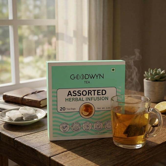 Goodwyn Assorted Herbal Tea Sampler, 20 Tea Bags, 4 Varieties - Chamomile, Spearmint, Hibiscus & Turmeric Blend | Caffeine Free | Plastic Free Bags