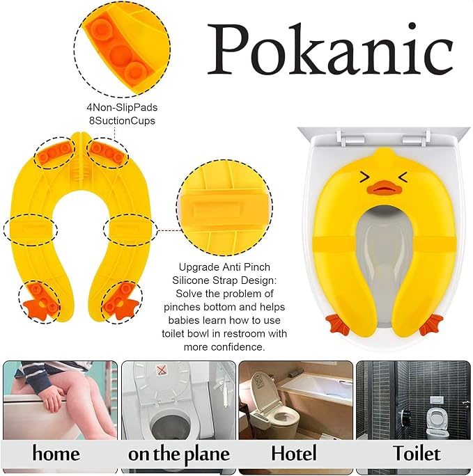 Toilet Potty Training Seat Cover, Travel Toilet Seat, Folding Non Slip Silicone Pads, Travel Portable Reusable Kids Toddlers Boys Girls, Carry Bag (Yellow - Duck)