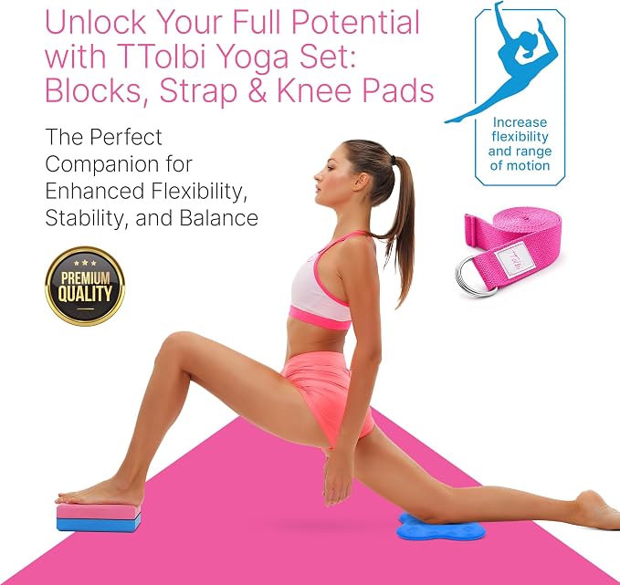 TTolbi Yoga Starter Kit - Yoga Blocks 2 Pack, Strap & 2 Knee Pad Cushions | Non-Slip EVA Foam Equipment for Stretching, Flexibility & Joint Comfort | Home Pilates Set for Beginners, Women & Men