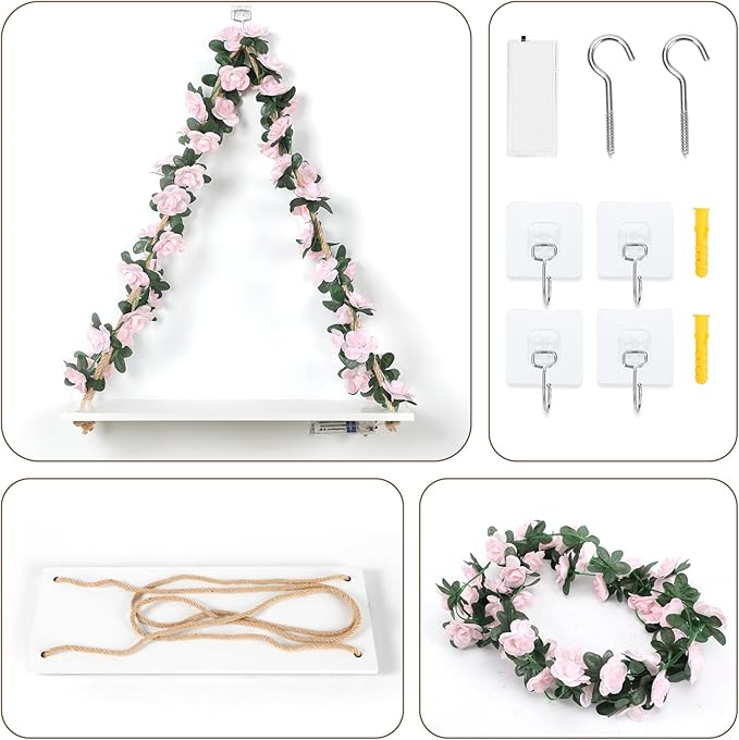 EXIN DECHEN Wall Decor for Bedroom,Floating Shelves,Room Decor Aesthetic | Set of 2,Pink,No Drill Shelves,Leaves and Light Strip with Flower,Cute,Teen Girls,Princess,Coquette for Dorm Livingroom Decor