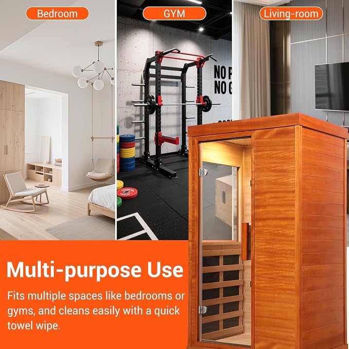 Bowear Far Infrared Sauna for 1-2 Person, 110V 1120W Indoor Home Sauna with Bluetooth Audio, 7 Colors Light Therapy, Reading Lamp, Time & Temperature Adjustable, Oguman Wood Dry Sauna