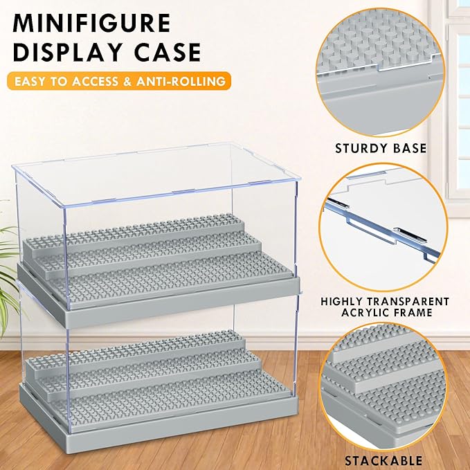 KKU Display Case for Figures, Minifigure Display Case Box Storage 10" X 6.1" X 5.4", Action Figures Blocks for Display with 3 Movable Steps