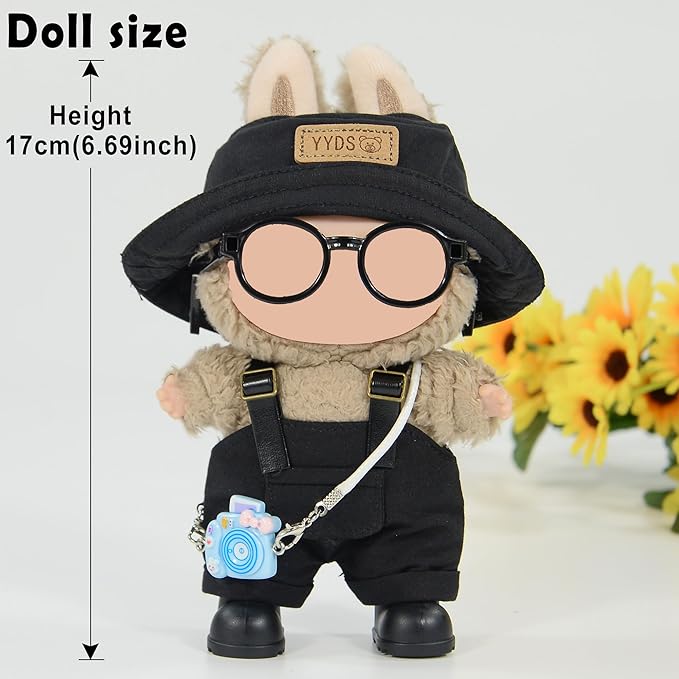 iBayda 17cm Fashion Doll Clothes & Accessories Set Include: Hat, Overall, Shoes, Glasses and Bag- Cute Clothes for Dress up Unique Style (Doll Not Included), Black