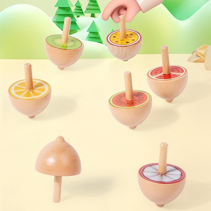 6 Pcs/Set Beech Wood Spinning Tops Toy for Kids, Animal Wooden Gyroscopes Toy for 3 4 5 6 7 Years, Fruit Educational Kindergarten Toys, Spin Tops for Party Games Birthday Gifts Family Fun (Fruit)
