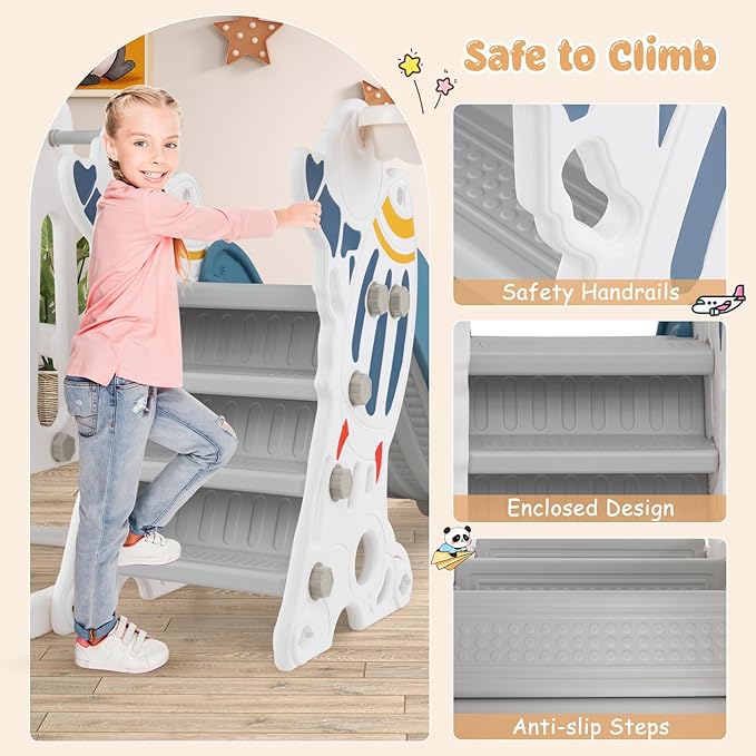 Costzon 4 in 1 Toddler Slide and Swing Set, Rocket Indoor Outdoor Baby Swing w/Slide, Swing, Climber, Basketball Hoop and Ball, Kids Climber Playground Playset for Boys Girls Gifts Presents