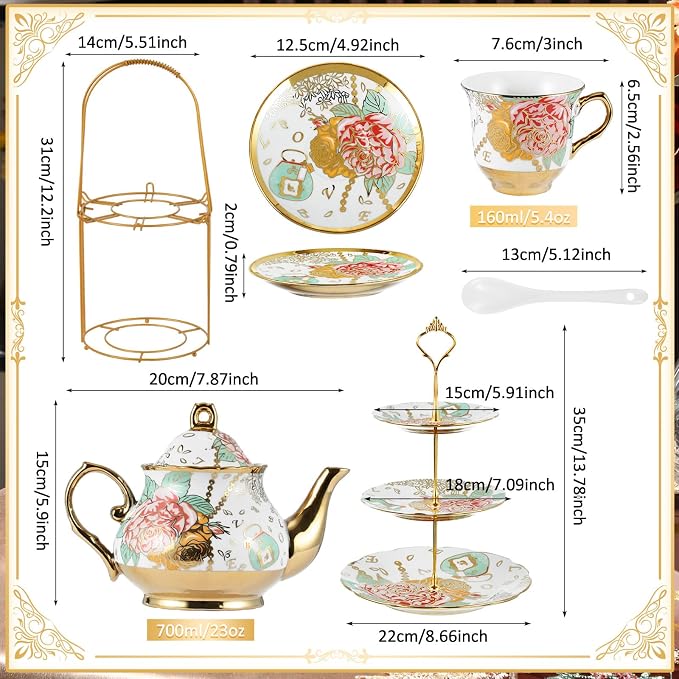 Maxcheck 21 Pcs Porcelain Tea Set for Women Tea Party with Metal Holder and 3 Tier Cake Stand Ceramic European Floral Teapot Set for Adults Mother's Day Christmas Thoughtful Gift(Elegant Style)