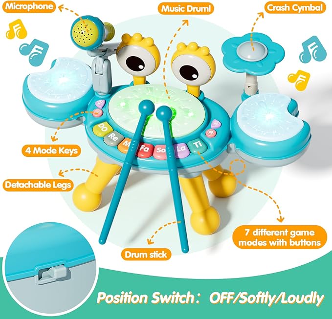 Toddler Drum Set for Kids 1-3, Baby Drum Set 1 Year Old with Light-Up Microphone, Musical Instruments Montessori Learning Toys for 6 9 12 18 Months, Birthday Gift for Boys Girls (BLUE)