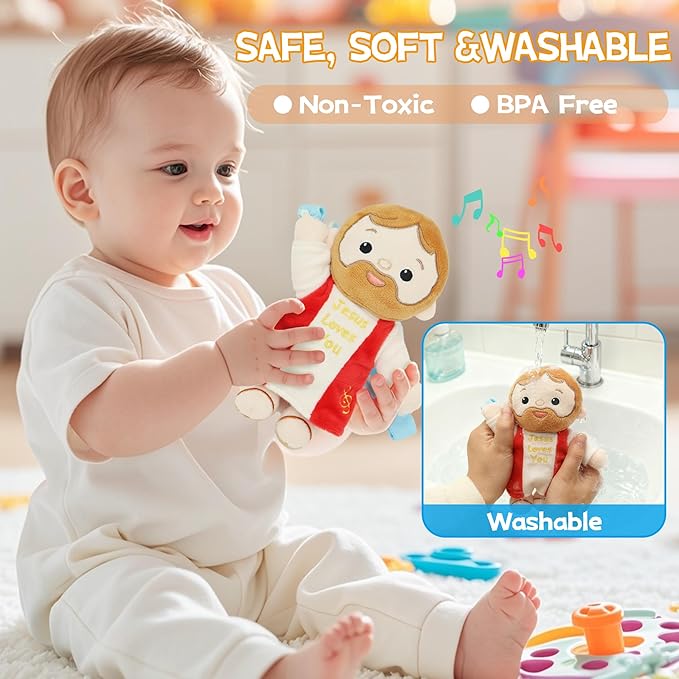 Baby Jesus Hanging Toys with Music Box Crib Toys Car & Stroller Toys Lullaby ﻿Sensory Pull Plush Doll for Babies Baptism First Birthday