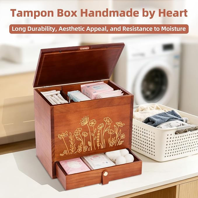 2-Layer Solid Wood Tampon Box Storage Organizer, 100% Wood Bathroom Feminine Accessories Holder with Drawer, Dual-Compartment Holder for Pads, Tampons, & Liners, Gold Floral, Gifts for Women