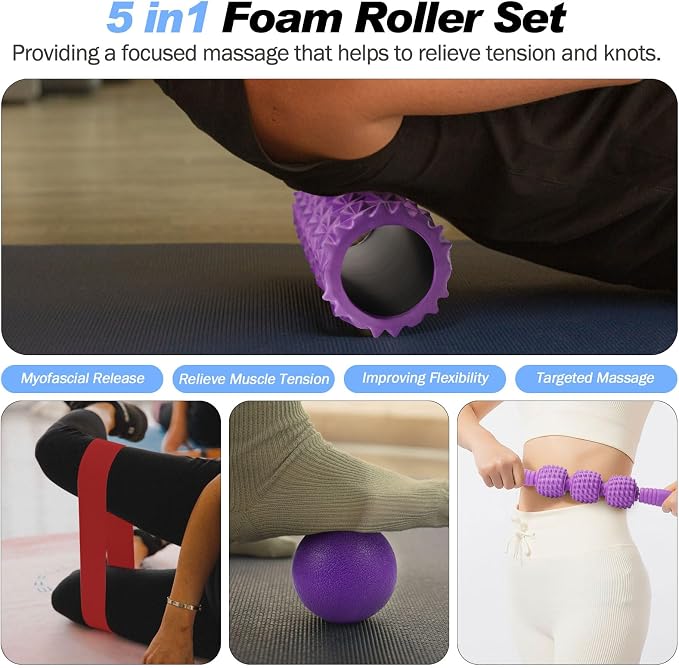 JOYENERGY 5 in 1 Foam Roller Set Trigger Point Foam Roller, Massage Roller Stick, Massage Ball, Stretching Strap for Deep Muscle Massage Pilates Yoga, Fitness Exercise for Whole Body (Purple Diamond)
