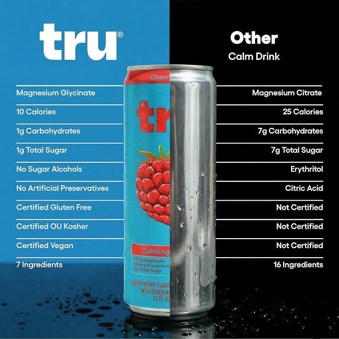 Tru Dream Calming Drink, Magnesium Glycinate Sparkling Water with Real Fruit Juice, Cherry Berry Flavored Seltzer, Caffeine Free, No Added Sugar, Keto, Vegan, Kosher, Gluten Free, 12 Fl Oz (Pack of 12)