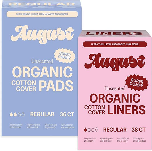 August Regular Organic Pads & Cotton Liners Bundle - 74-Pack (36+38) Ultra-Thin Menstrual Pads with Wings + Organic Cotton Panty Liners for Women, Non-Toxic, Fragrance-Free & Hypoallergenic