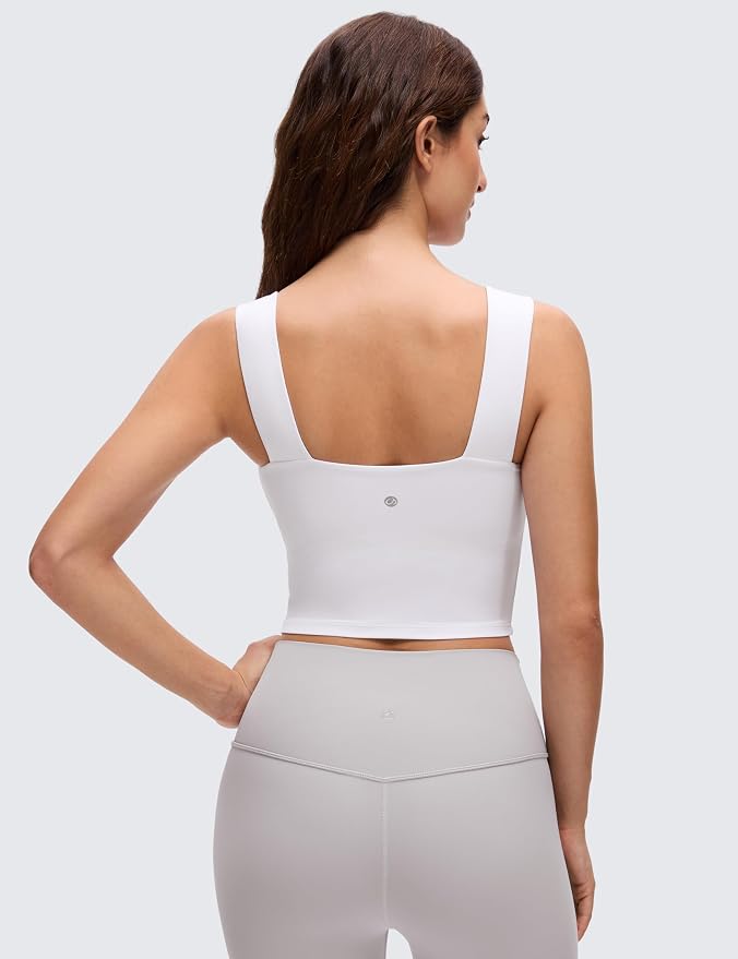 CRZ YOGA Butterluxe Wide Straps Square Neck Crop Tank Tops for Women - Padded Workout Yoga Longline Sports Bras