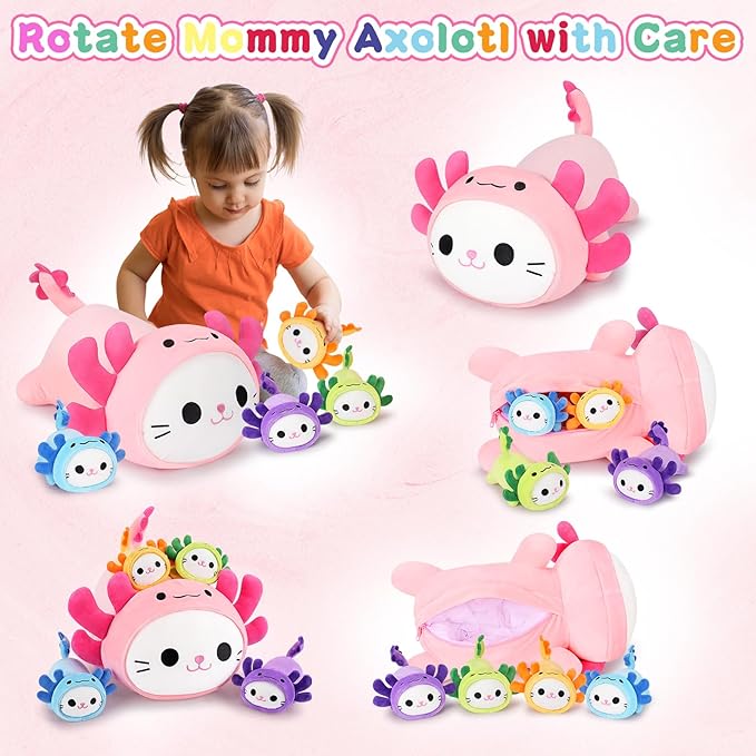5 PCS Axolotl Cat Plush Stuffed Animal Family-19" Soft Axolotl Cat Plush, Large Mommy Plushies with 4 Baby Kittens Plushies for Kids, Kawaii Plushie Toy Christmas Birthday Gifts for Kids Boys Girls