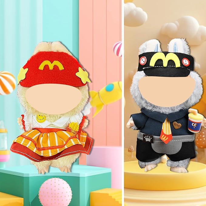 Doll Clothes for Labubu,Cute Outfit for 17cm Doll Clothe 2/3PCS Clothes and Hats Stylish Dolls Clothe for 17 cm Labubu,Casual Style Costumes for Labubu Dolls (Red Black McDonald's Set)