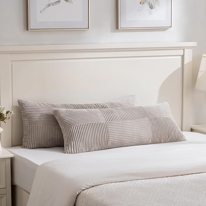 Fancy Homi Set of 2 Neutral Taupe Boho Long Lumbar Body Decorative Throw Pillow Cover 14x36 Inch for Bed Couch Bedroom Bench, Soft Patchwork Corduroy Textured Pillow Case, Farmhouse Room Decor
