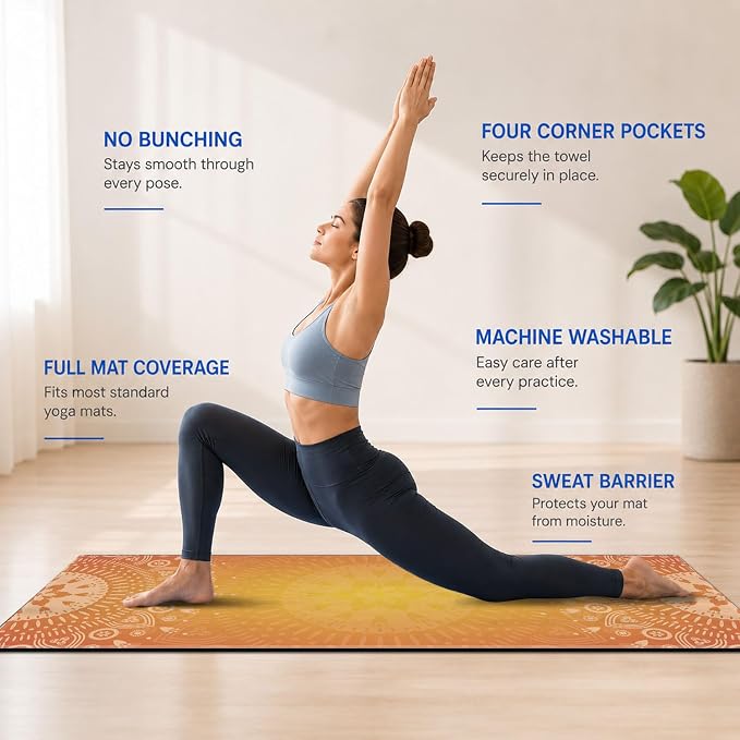 Yoga Mat Towel, Hot Yoga Non Slip with 4 Corner Pockets, 70 x 26 in | Soft Absorbent Microfiber With Four Corner Pockets, Fits Over Yoga Mats For Hot Yoga, Pilates, Gym, And Travel