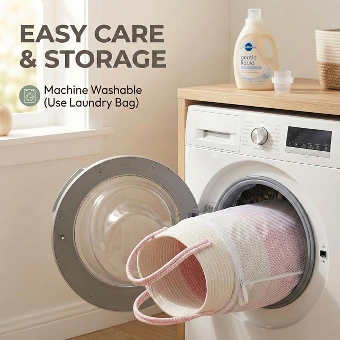 JMvicyroam 65L Extra Large Machine Washable Cotton Rope Blanket Basket | Collapsible laundry hamper, Reinforced handles, For blankets, pillows, toys and clothes, Living room and bedroom, White&Pink