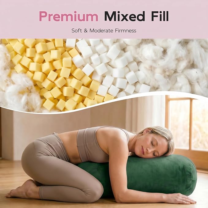 Yoga Bolster Pillow, Curved Wedge for Deep Stretch & Prenatal Support, 25"×12"×5", Sponge Bead-Cotton Filling, Velvet Cover with Zipper & Handle for Yoga, Meditation & Pilates (Green)