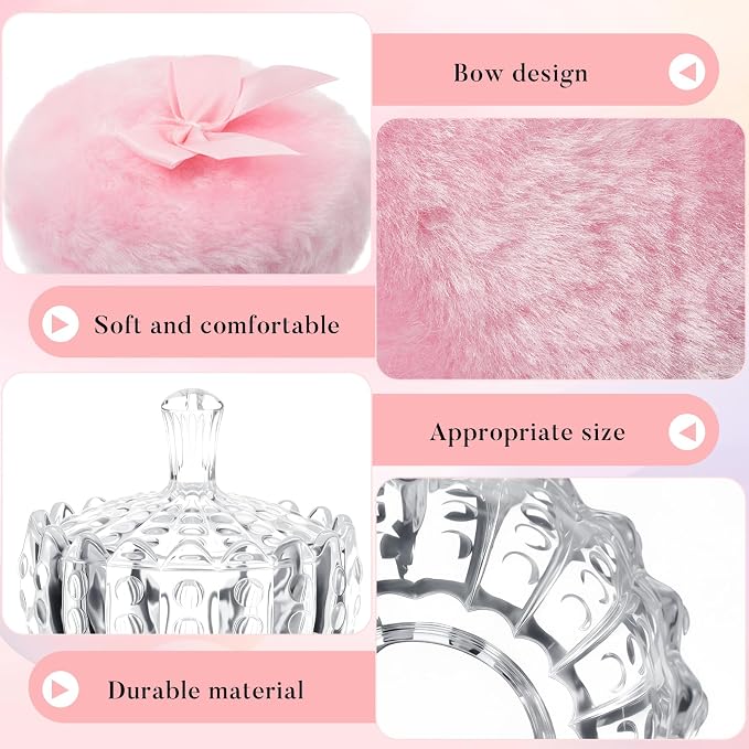 Tioncy 3 Pcs Large Body Powder Puff and Container Valentine's Day gift Powder Container with Puff Crystal Case Soft Washable Reusable Velour Face Body Glitter Wet Dry Makeup(Scalloped,Transparent)