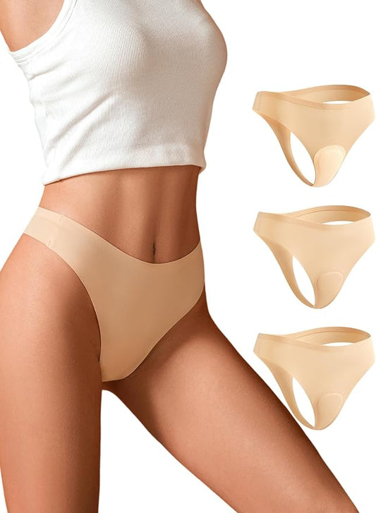 3-Pack Camel Toe Underwear for Women - XS-XL Seamless No Show Thong Panty Liners Tangas, Comfortable G-Strings for Gym