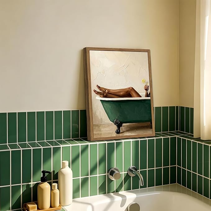 Black Woman Green Bathtub Wall Art Modern Luxury Bathroom Wall Decor Painting, Vintage Afrocentric Girl Bathroom Poster Canvas Print Picture 16x24 inch Wood Framed