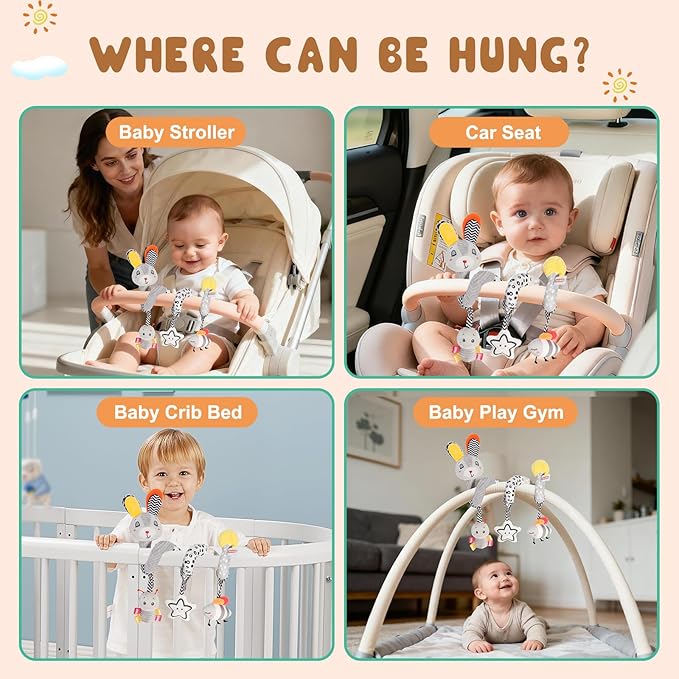 Baby Spiral Activity Toy for Crib Car Seat & Stroller, High Contrast Newborn Sensory Toys 0-12 Months with Soft Plush, Rattle & Crinkle Sounds, Perfect Infant Developmental Gift for Boys & Girls