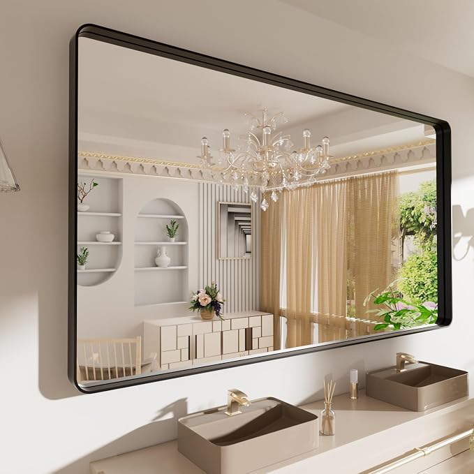LOAAO 72X40 Inch Black Metal Framed Bathroom Mirror | Matte Black Bathroom Vanity Mirror, Rounded Rectangle, Anti-Rust, Tempered Glass, Hangs Horizontally or Vertically