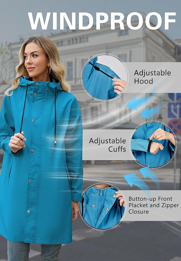 Zando Long Packable Rain Jacket Women Waterproof Raincoat with Hood | Relaxed-Fit Lightweight Windbreaker for Women; Travel Rain Coats for Commute, Hiking, Cruise, and Daily wear