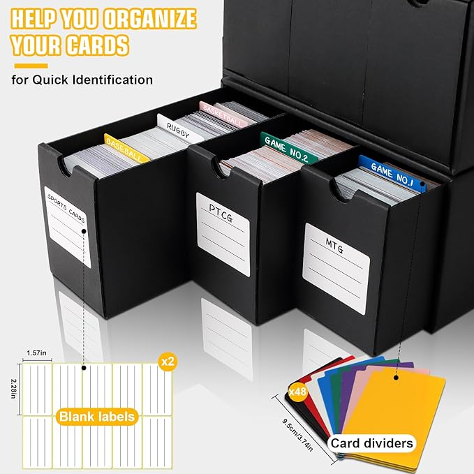 Trading Card Storage Box, Includes 9-600 CT Boxes & 48 Card Dividers, 9000+ Trading Card Organizer for Collectible Card Games, for TCG, YGO, MTG, PTCG, Baseball Cards, with Labels & Tapes